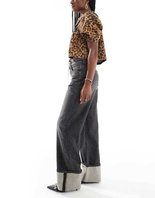 Bershka turn up wide leg jeans in dirty washed black