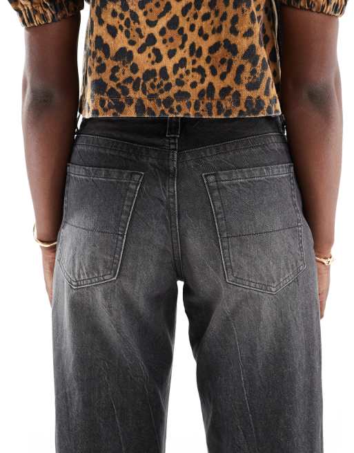 Bershka turn up wide leg jeans in dirty washed black