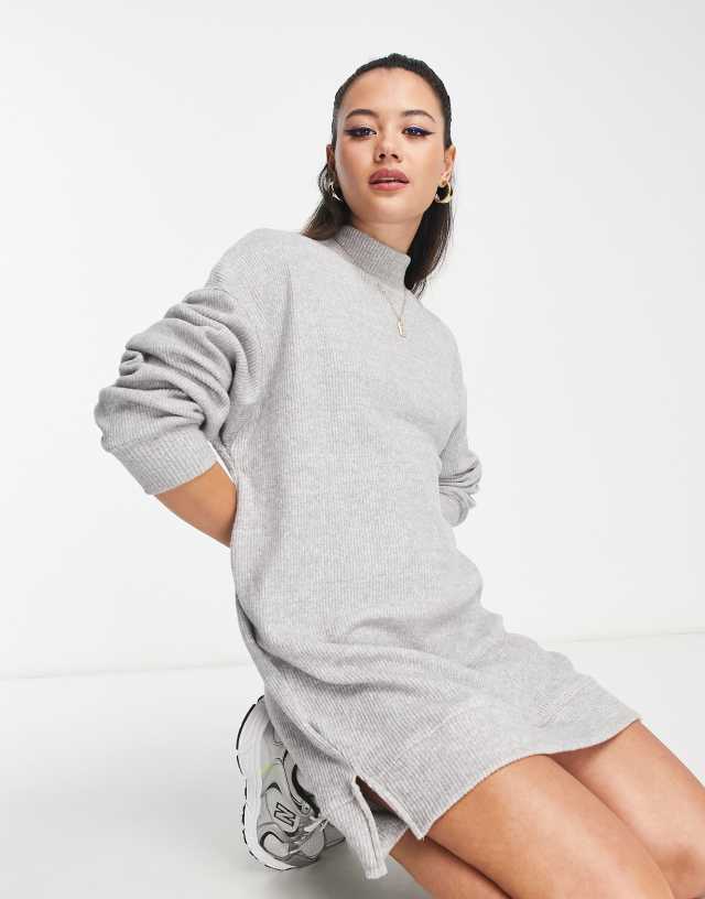 Bershka turtle neck long sleeve knitted mini dress in gray