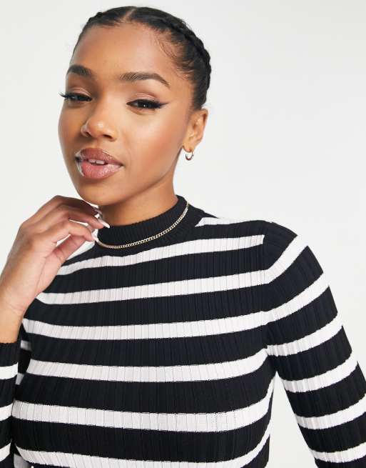 Black and white striped mock store neck top