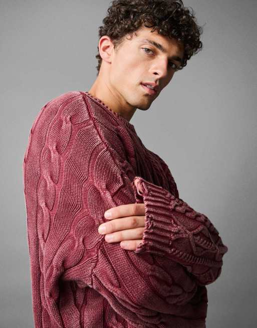 Bershka tvättad kabelstickad tröja i burgundy, 3 av 4
