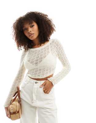 Bershka Twist Back Open Knit Top In Ecru-neutral