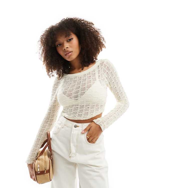 Bershka twist back open knit top in ecru | ASOS