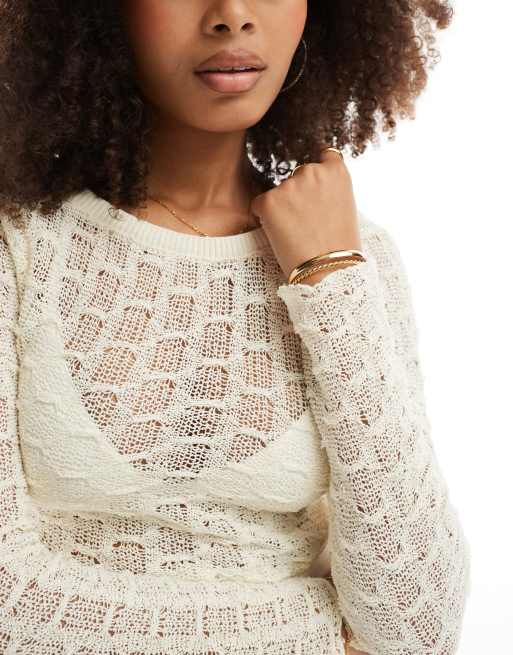 Bershka twist back open knit top in ecru | ASOS