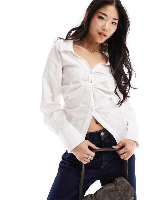 Bershka twist front corset back detail shirt in white