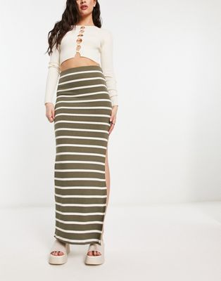 Bershka twist front ribbed midi skirt in khaki & ecru stripe - ASOS Price Checker