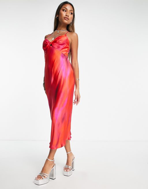 Bershka twist front satin midi dress in red blurred print