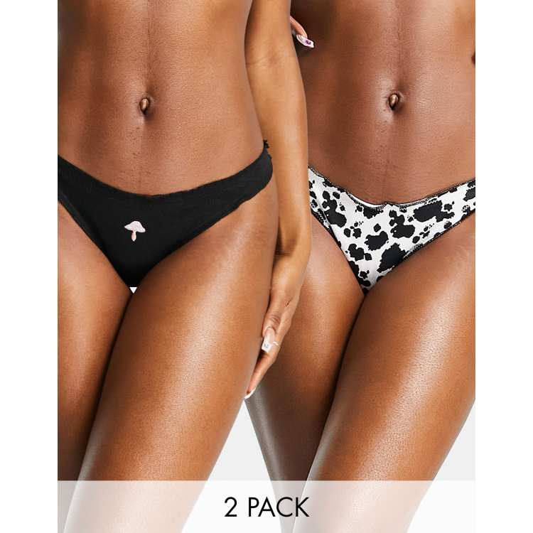Bershka two pack frill thong in mono print and black | ASOS