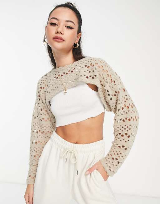 Bershka ultra crop open knit jumper in beige