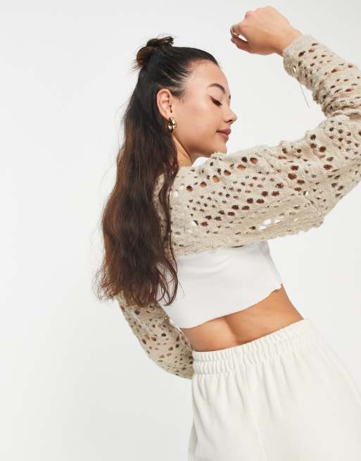 Bershka ultra crop open knit jumper in beige