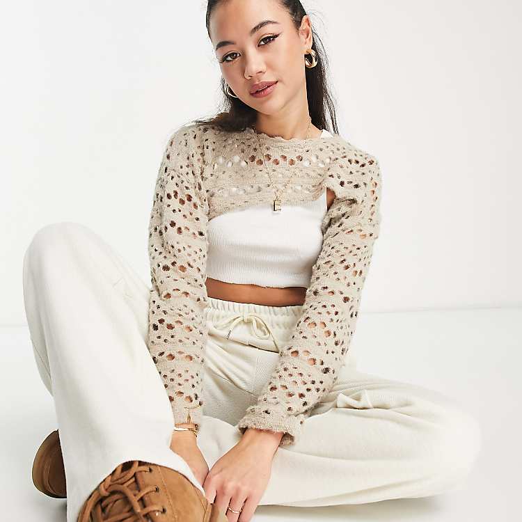 Bershka ultra crop open knit sweater in beige | ASOS Bershka ultra crop open knit sweater in beige | ASOS