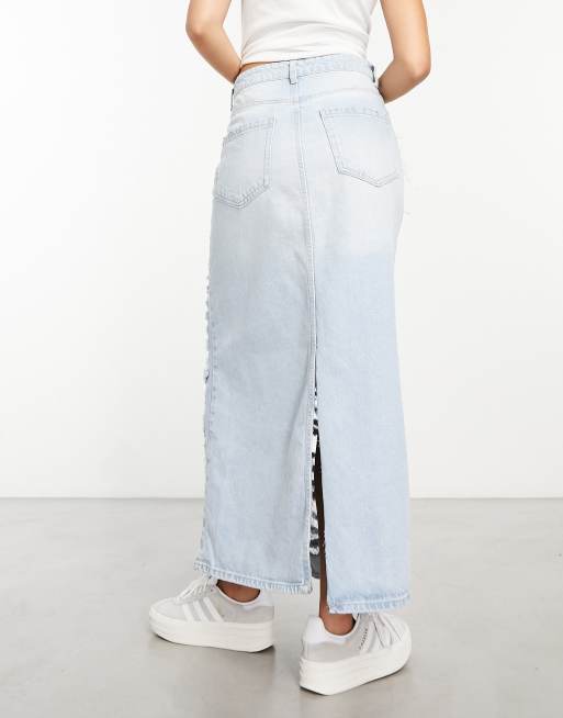 Bershka ultra ripped denim midi skirt in bleach wash