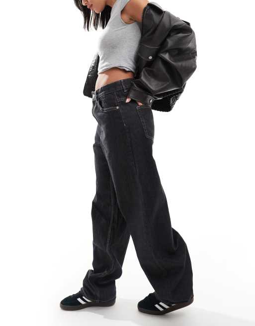 Bershka ultra wide leg contrast stitch jeans in black | ASOS