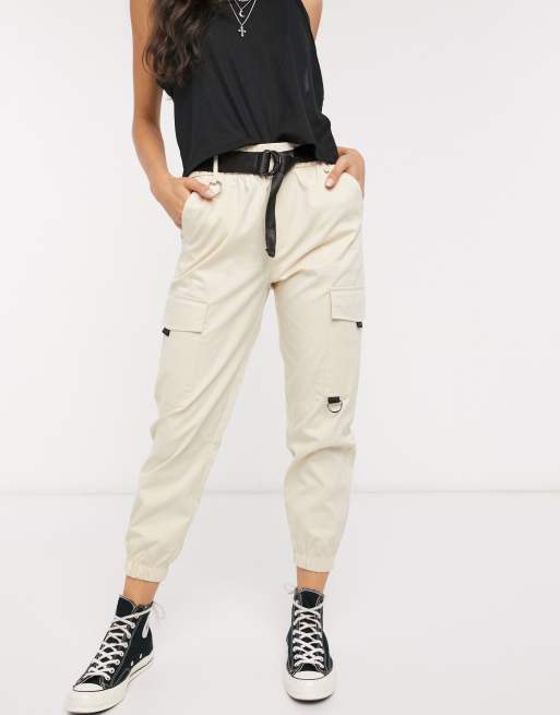 Bershka utility belted cargo trousers in ecru | ASOS