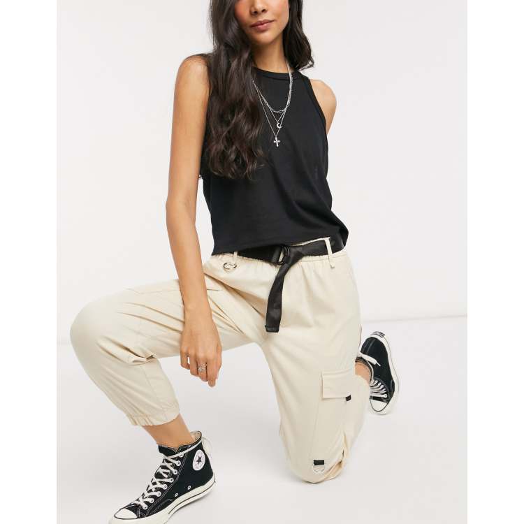 Bershka belted utility store trouser in black