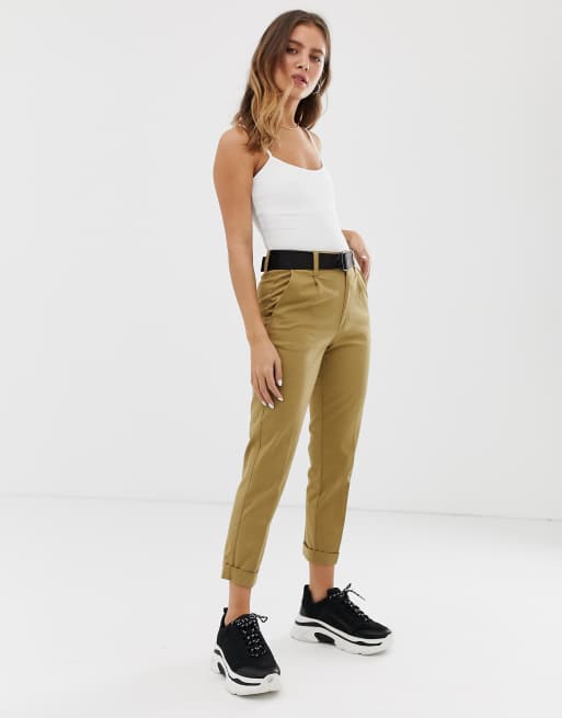 Bershka utility belted trouser in beige | ASOS