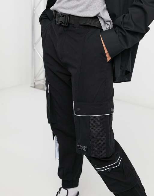 Bershka utility cargo pants in black with reflective piping