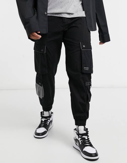 Black Reflective Piped Cargo Pockets Tracksuit