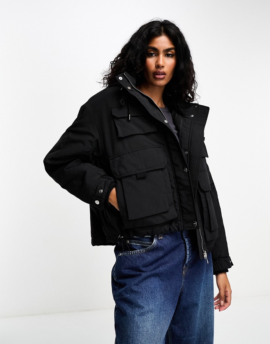 Bershka utility denim hooded jacket in black-Blue