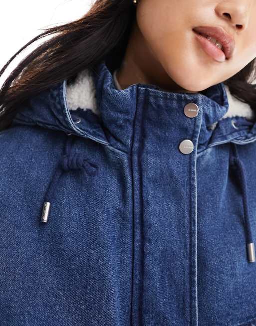 Bershka utility denim hooded jacket in mid wash | ASOS