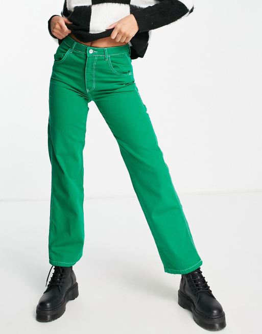 Bershka - Utility timmermansjeans met contrasterende stiksels in felgroen