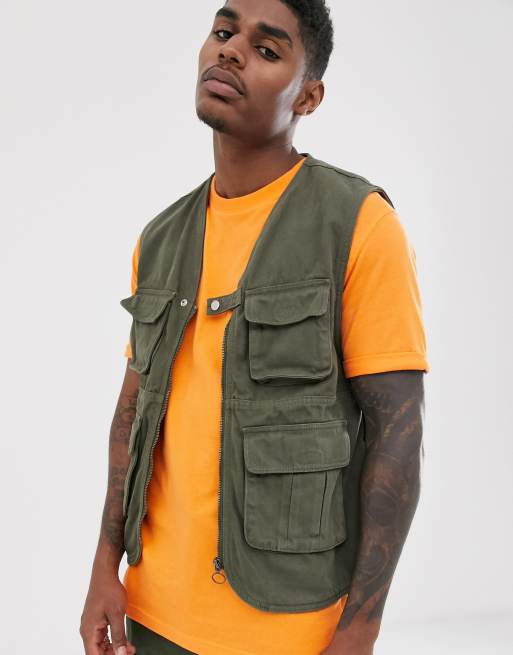 Bershka utility vest in khaki