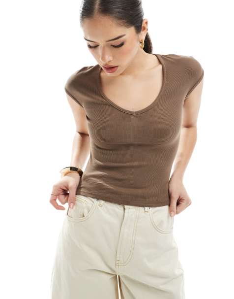 Bershka v-neck baby tee in brown