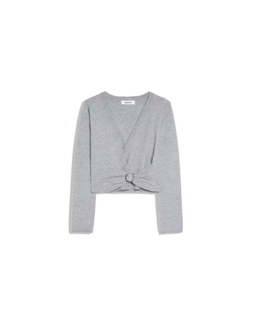 Bershka V-neck buckle jumper in grey, 6 of 6