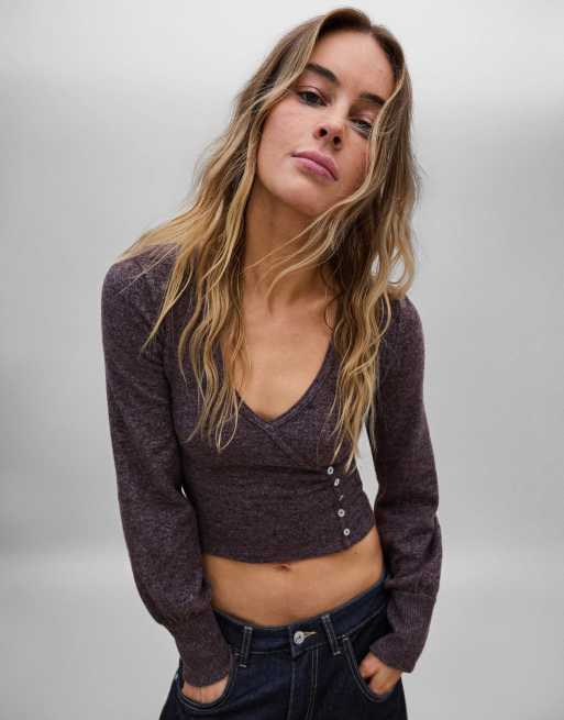 Bershka V-neck button jumper in brown, 2 of 5