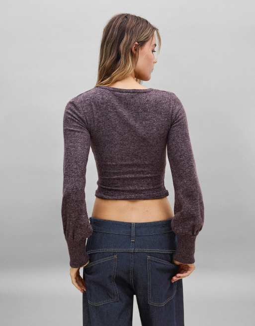 Bershka V-neck button jumper in brown, 3 of 5