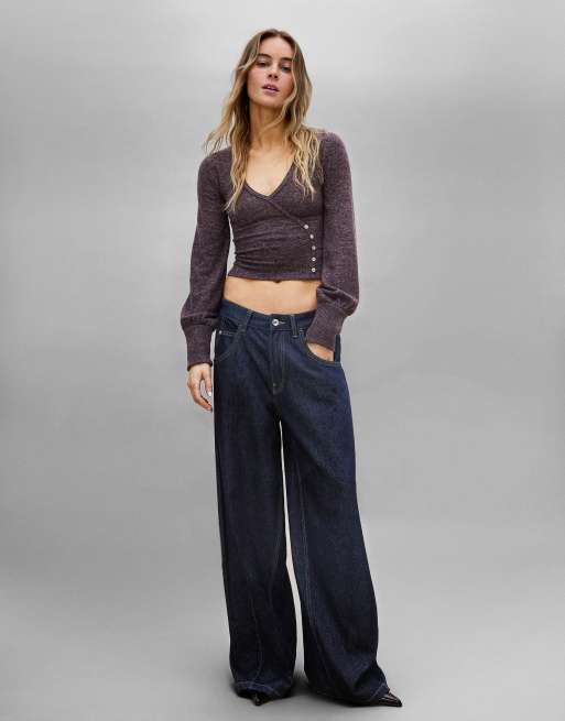 Bershka V-neck button jumper in brown, 4 of 5