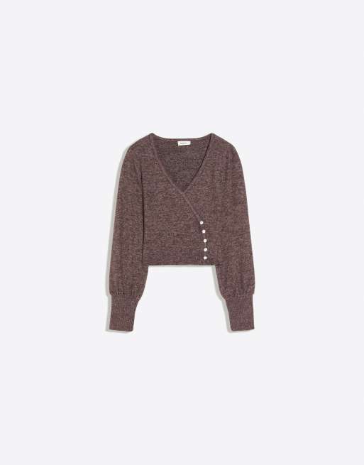 Bershka V-neck button jumper in brown, 5 of 5