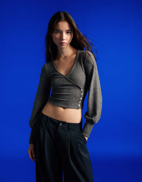 Bershka V-neck button jumper in grey - view 1
