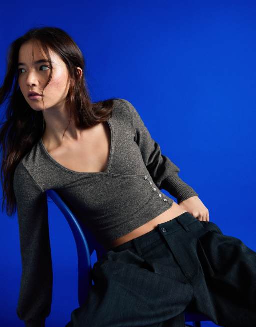 Bershka V-neck button jumper in grey, 2 of 5