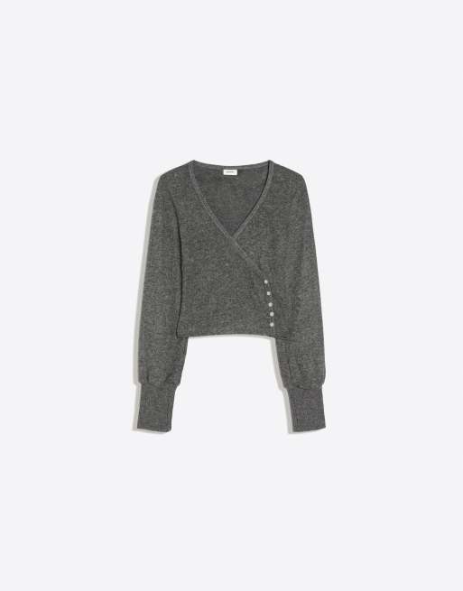 Bershka V-neck button jumper in grey, 5 of 5