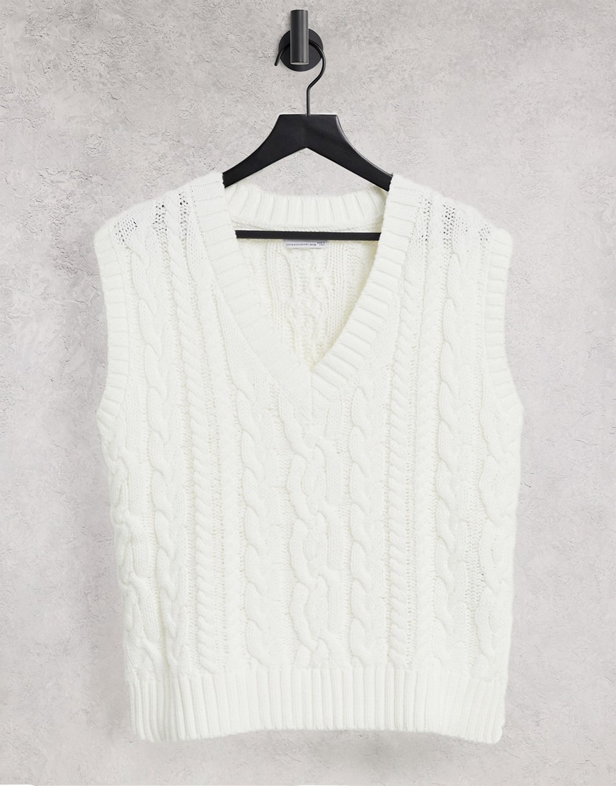 Bershka V-neck cable knit cricket sweater vest in cream-White