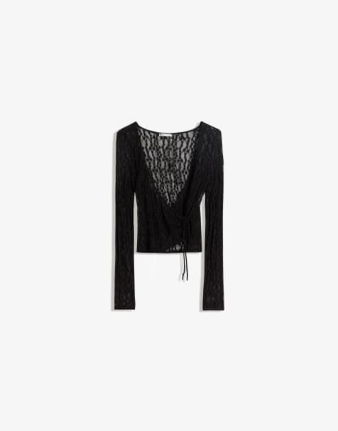 Bershka V-neck lace blouse with side tie detail in black - view 1