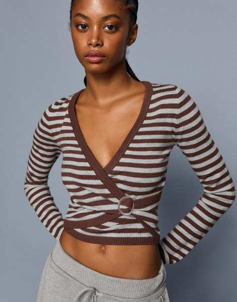 Bershka V-neck stripe buckle jumper in brown - view 1