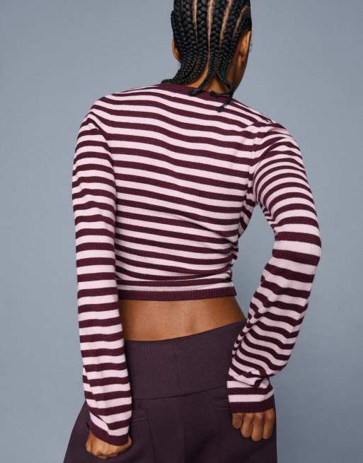 Bershka V-neck stripe buckle jumper in pink, 3 of 6