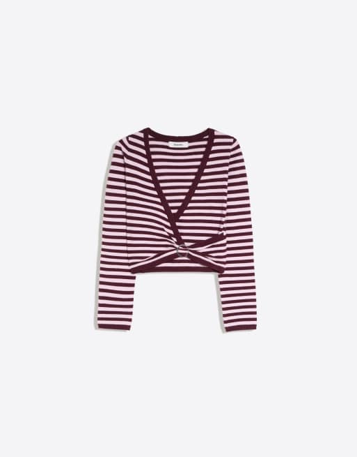 Bershka V-neck stripe buckle jumper in pink, 6 of 6