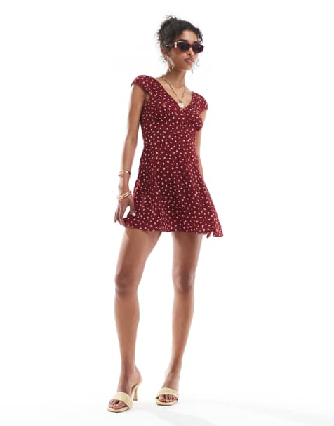 Bershka v-neck tie back mini dress in burgundy floral