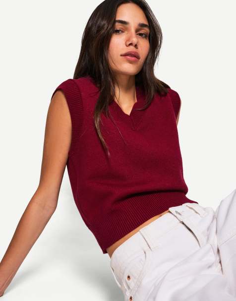 Bershka V-neck vest in burgundy - view 1