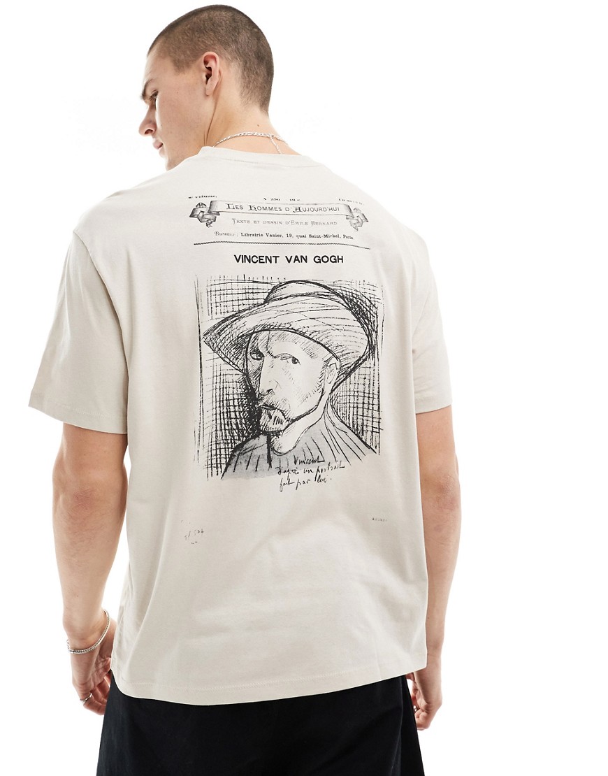 Bershka Van Gogh boxy printed t-shirt in beige-Neutral
