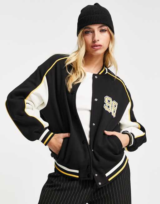 Bershka varsity bomber jacket in black ASOS