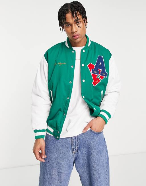 Bershka varsity bomber jacket in green | ASOS