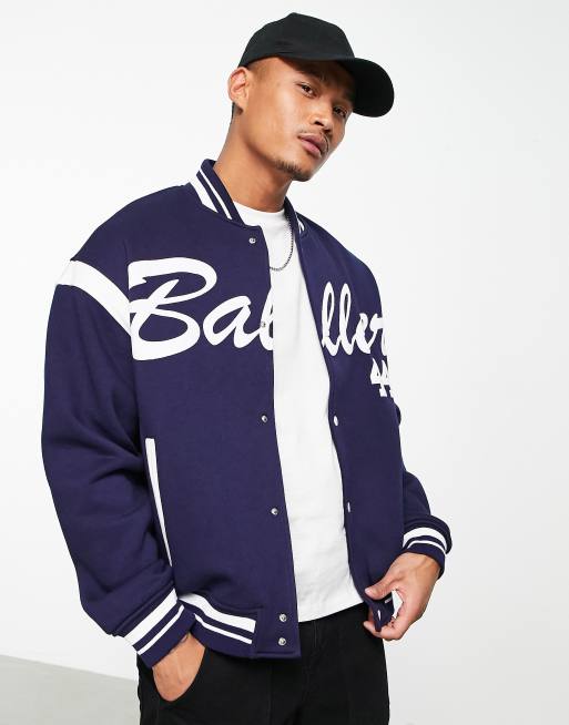 Bershka varsity bomber jacket in navy ASOS