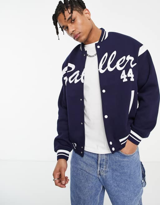 Bershka varsity bomber jacket in navy