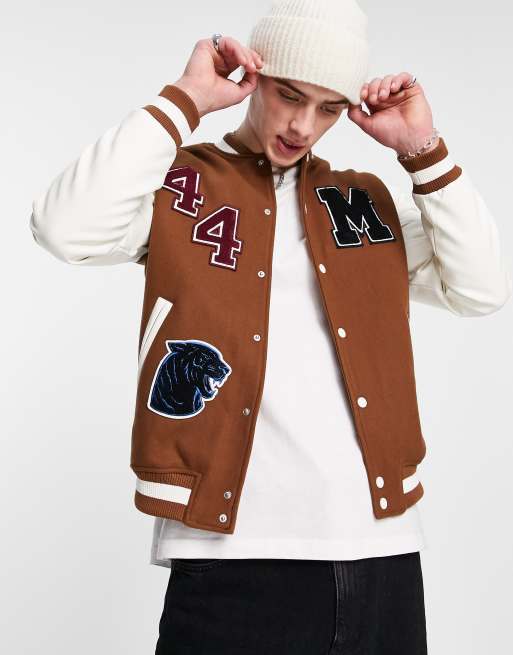 Bershka varsity oversized bomber jacket in brown