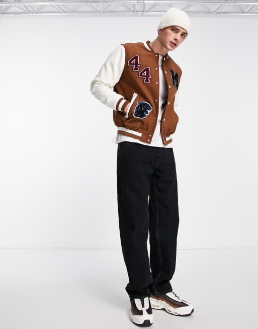 Bershka varsity oversized bomber jacket in brown