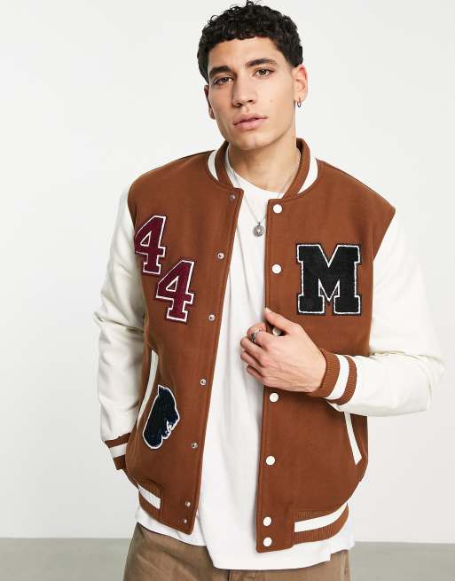 Faux Leather Varsity Bomber Jacket - Brown